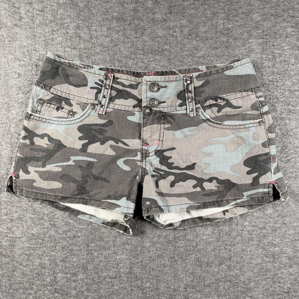 Vintage Y2k GLO Jeans Camo Micro Shorts Juniors 3 Low Rise Rhinestrone Maxi
